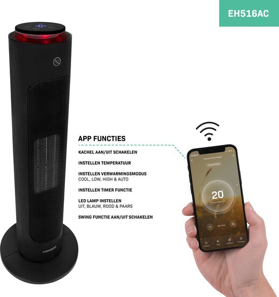 VONROC Luxe chauffage électrique - chauffage soufflant - 1300W/2000W - contrôle par App (via Wifi) et manuel - modèle tour - céramique - Mode AUTO - fonction swing - thermostat et minuterie - 20m2 - Télécommande incluse.