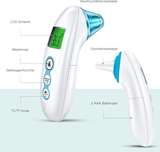 Bintoi® X100 - Thermomètre auriculaire digital - Thermomètre frontal infrarouge - Indicateur de température - thermomètre médical pour adultes et bébés - Corps du thermomètre digital - Mesure instantanée en 1 seconde - Piles incluses