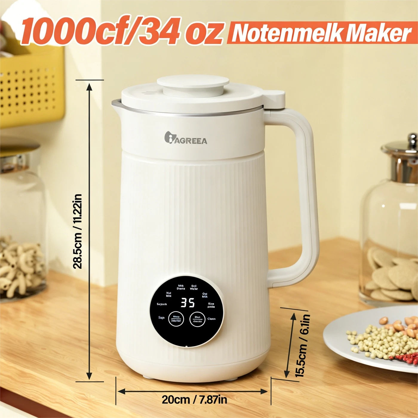 Iagreea Machine à lait végétal 8-en-1 1 000 ml - Machine à lait de soja et d'avoine avec fonction de chauffage - Blanc