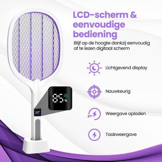 TTD® Premium Electric Fly Swatter and Mosquito Lamp Rechargeable with XXL 2 Meter Charging Cable and LCD Screen - 2 Stages Fly Swatter and Mosquito Lamp - 2500 Volts - Rechargeable via USB and Power Socket - With Safety Net - UV Light - Fly Catcher