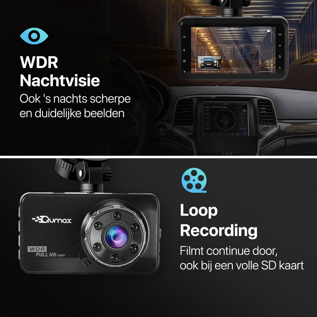 Qumax Dashcam pour voiture - Full HD - Mode parking avec capteur G intégré - Ecran IPS - Objectif grand angle 170° - Vision nocturne