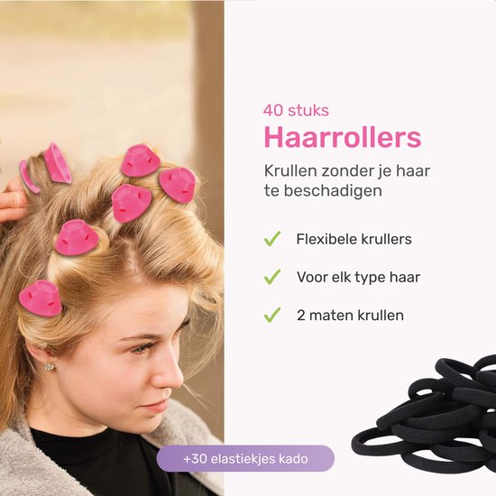 Set de bigoudis en silicone - 40 pièces - incl. filet à cheveux - peigne et 30 élastiques - boucles sans chaleur - bigoudis - rouleaux à cheveux - boucles sans chaleur