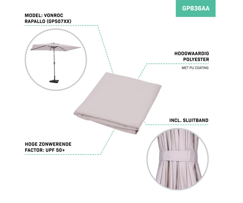 Toile de parasol - 200x300cm - Pour parasol Stick Rapallo GP507XX - Beige