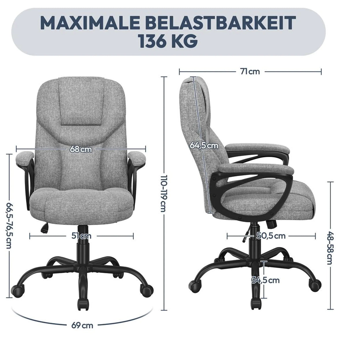 Chaise de bureau ergonomique avec accoudoirs, pivotante à 360°, réglable en hauteur et dotée d'une fonction de balancement, grise