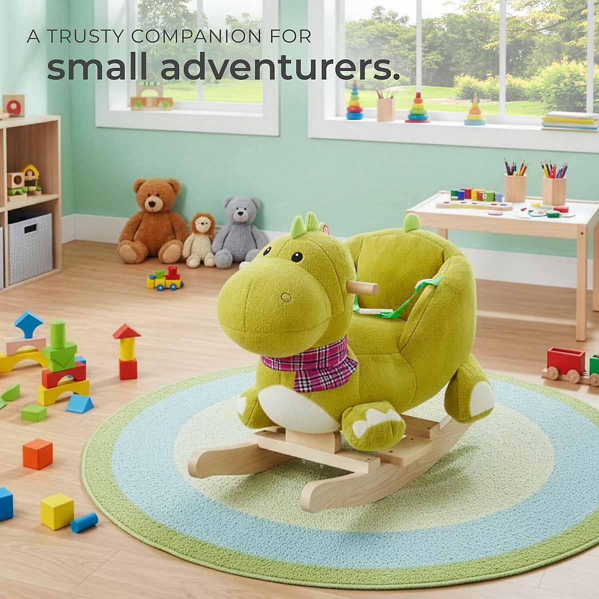 Cheval à bascule Tectake « Dinosaure » 50 cm - Bois/peluche - Effet sonore - Vert