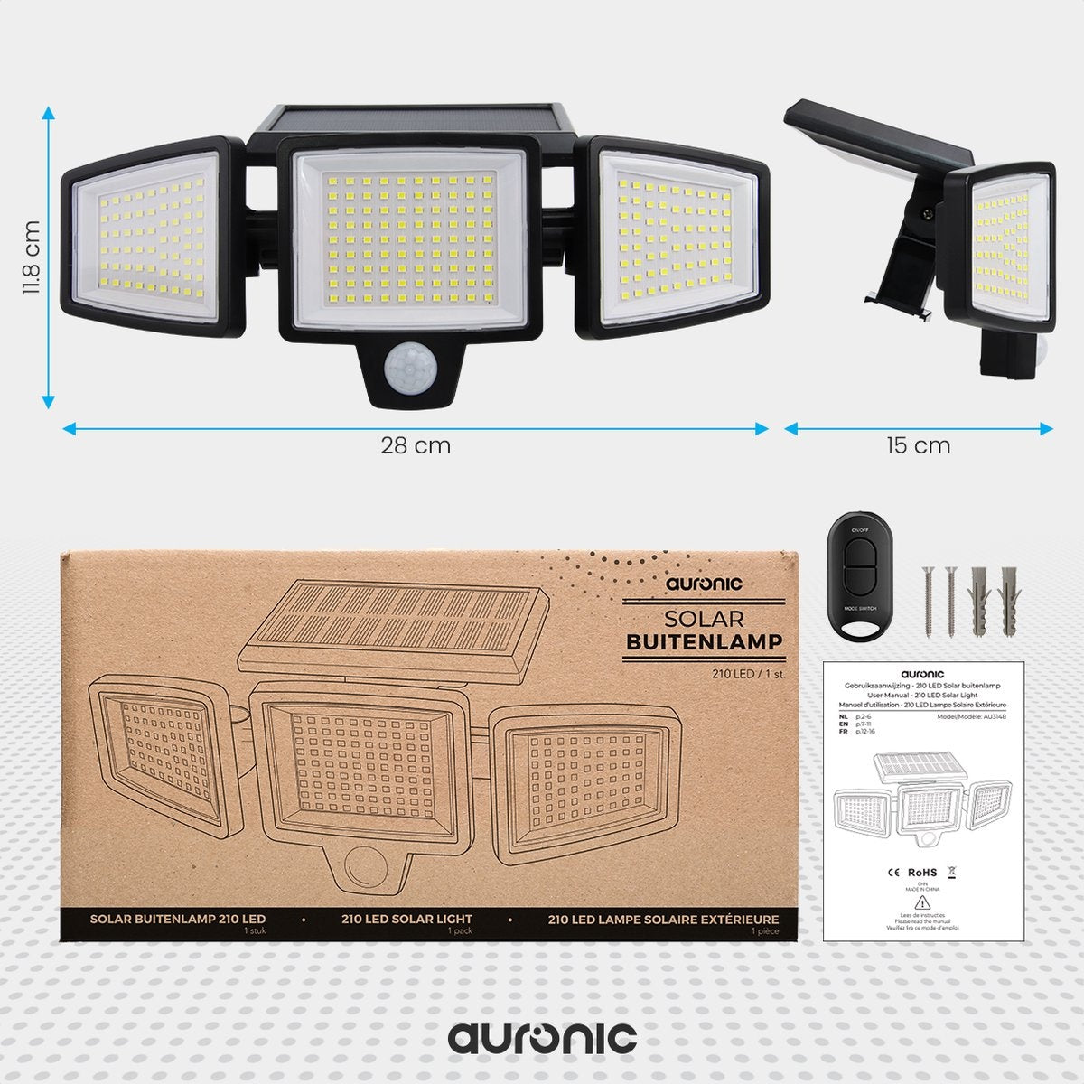 Auronic Lampe solaire d'extérieur avec détecteur de mouvement - Applique murale avec détecteur - Solaire - 210 LED - IP65 - Noir