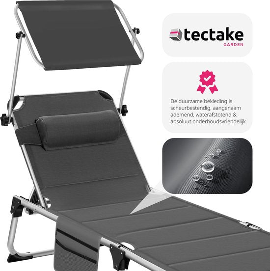 tectake® - chaise longue rembourrée, pliable - gris - 220 x 60,5 x 34 cm, avec poche latérale