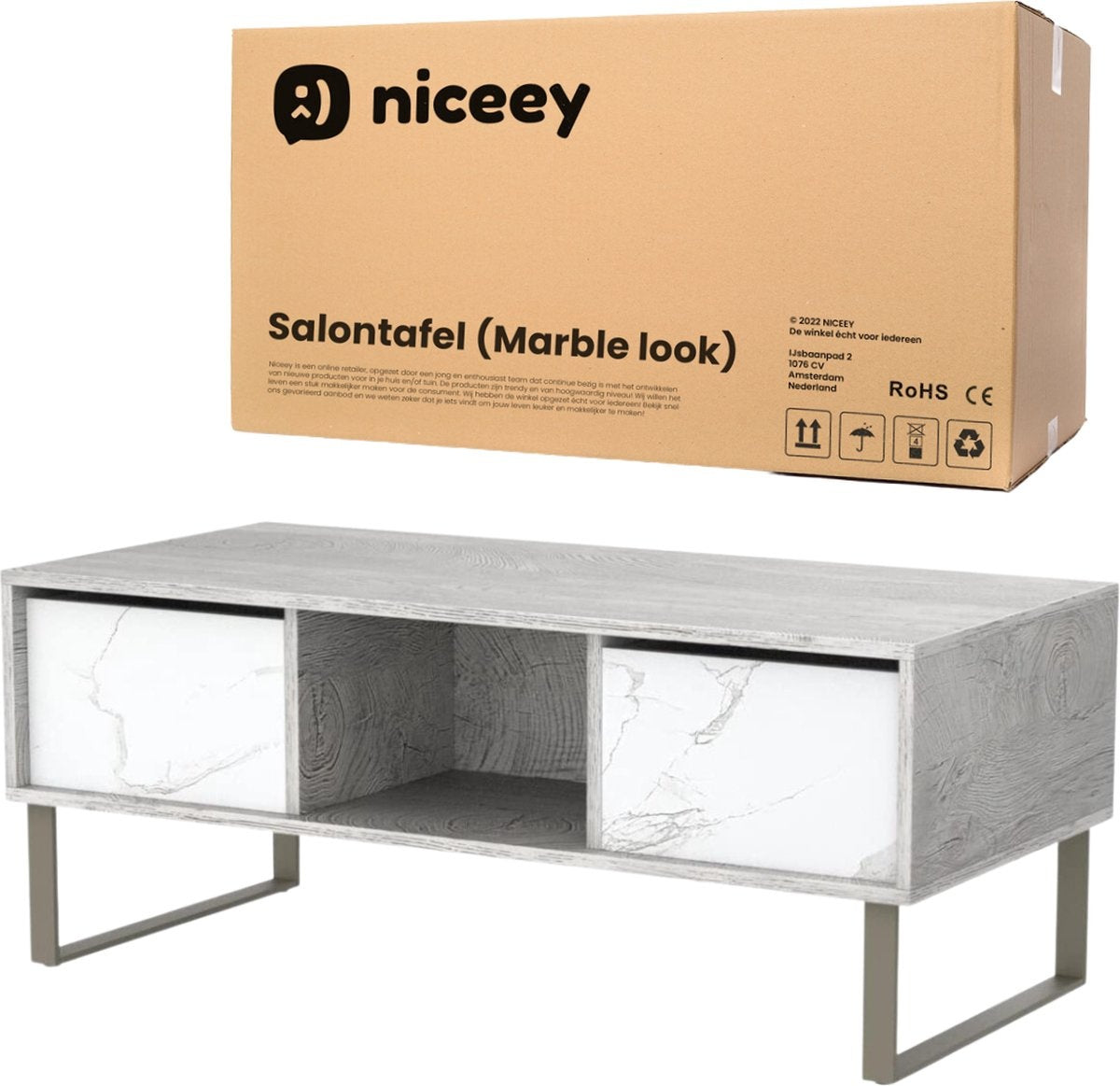 Niceey Salontafel met Lade - Koffietafel - Bijzettafel - Opbergruimte - Hout - 104 x 49.5 x 39.5 cm - Marmerlook