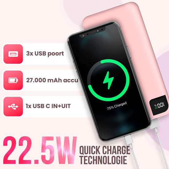 Strex Powerbank Pink - 27 000 mAh - Charge rapide 22,5 W - USB-A/USB-C - Indication LED - Powerbank universel adapté à iOS/Android, entre autres