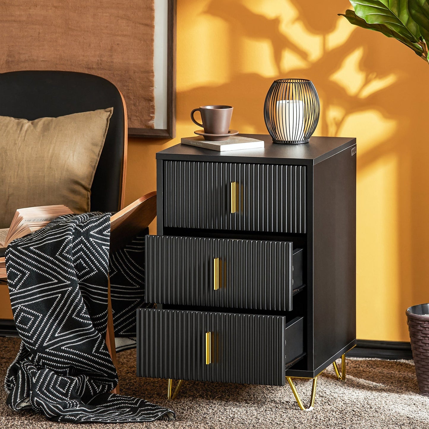 SoBuy Sideboard - Table de nuit avec 3 tiroirs coulissants - Max. 33KG - 40 x 40 x 63 cm - Noir/Doré