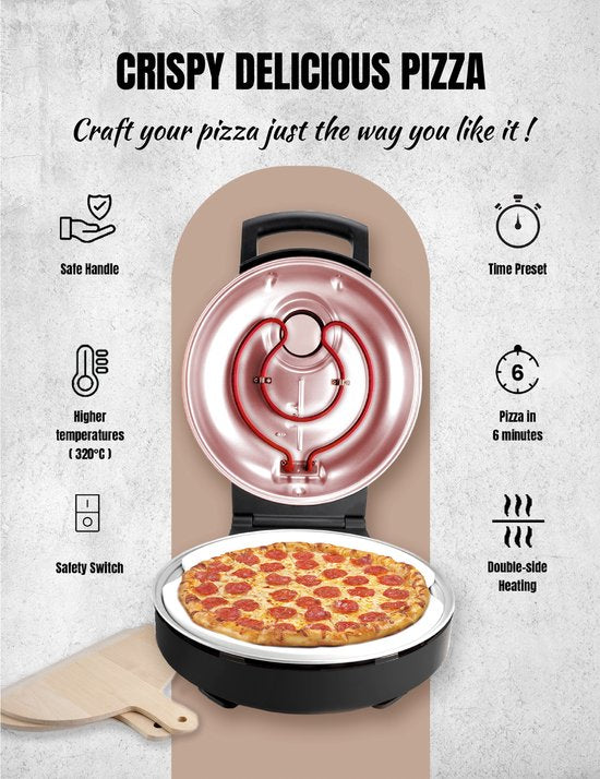 Bestron Turbo Pizza oven pour une pizza en 5-10 minutes, four à pizza électrique avec une température maximale réelle de 320°C, comprend une pierre à pizza et 2 grandes spatules en bois, Satin Collection, couleur : Beige