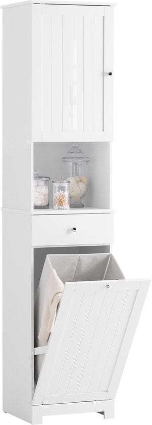 SoBuy Colonne de salle de bain avec panier à linge, armoire de salle de bain, 40 x 38 x 180 cm, avec tiroir et étagère réglable, petit meuble de rangement, peu encombrant, idéal pour les toilettes, le lavabo BZR216-W
