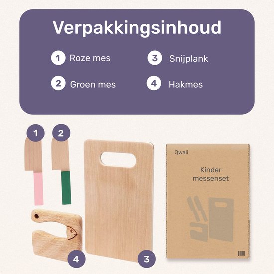 Qwali Set de couteaux en bois pour enfants - sûr - planche à découper incluse - Enfants - Coutellerie - Couteaux Enfant - Cuisine - Jouets