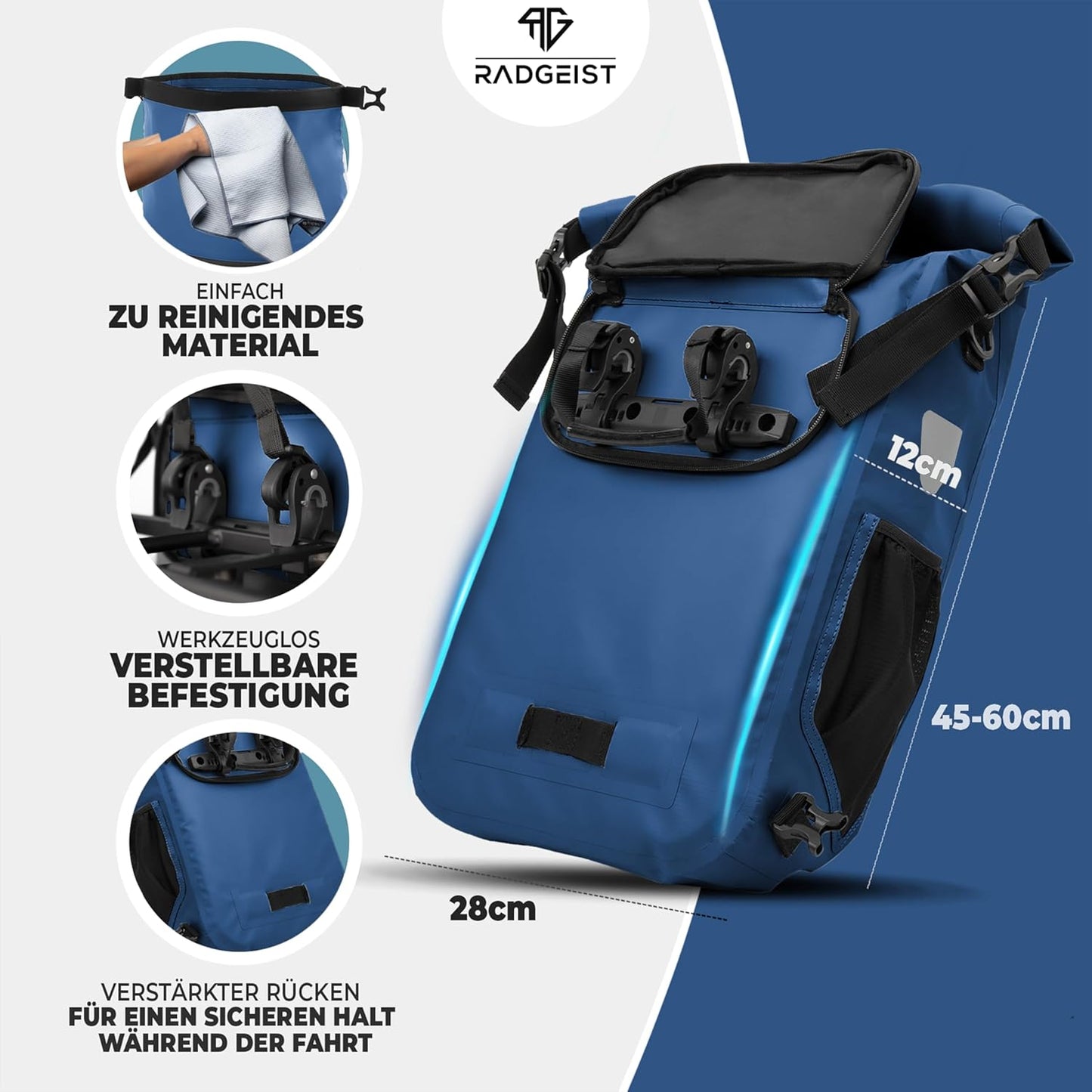 RADGEIST 3in1 sacoche vélo pour porteur I sacoche vélo, sac à dos et sac à bandoulière 18-22L I sacoche vélo 100% étanche Bleu