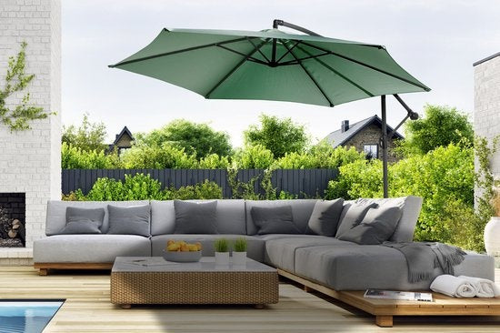 909 OUTDOOR Parasol suspendu vert foncé 2,5 m de haut, Parasol de jardin avec armature et housse en acier, Parasol avec manivelle et fonction d'inclinaison, Diamètre 300 cm