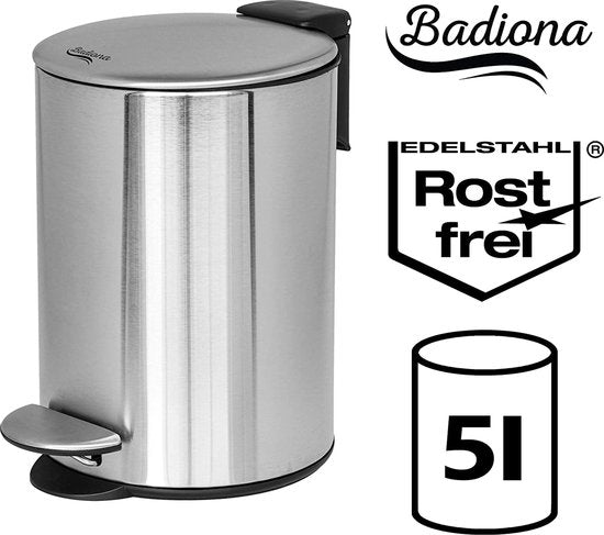 BADIONA Poubelle - Couvercle Softclose et bac intérieur amovible - 5 litres - 22 x 22 x 29 cm - Argent/Noir