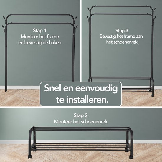 Brixy Rack à vêtements - Rack à vêtements double - Rack à penderies sur roulettes - Rack à vêtements avec porte-chaussures - 98 x 34 x 159 cm - Noir