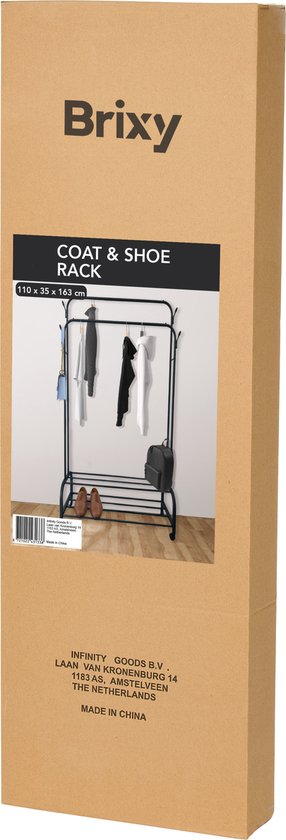 Brixy Rack à vêtements - Rack à vêtements double - Rack à penderies sur roulettes - Rack à vêtements avec porte-chaussures - 98 x 34 x 159 cm - Noir