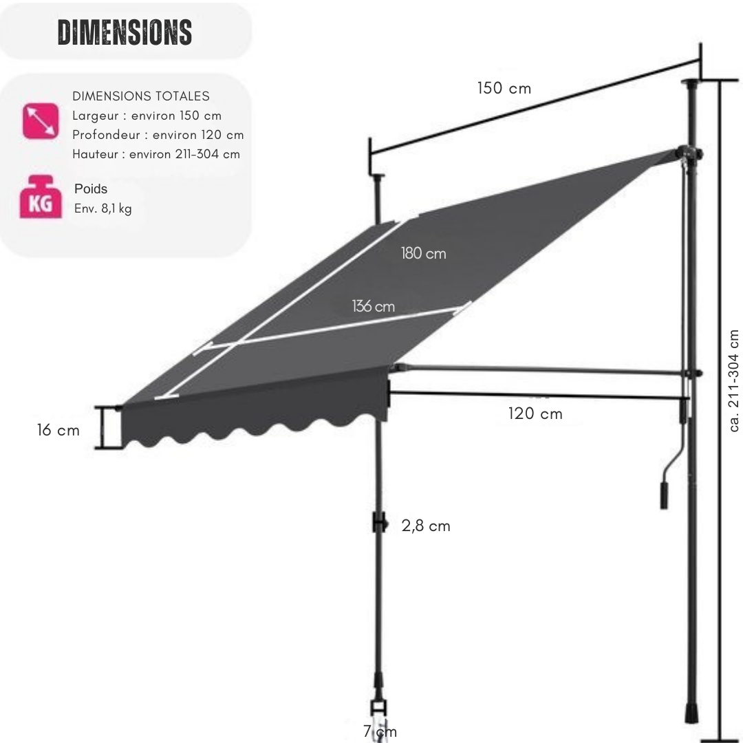 Store - Tectake - Store à pinces - Parasol réglable - 150 x 180 cm - Noir