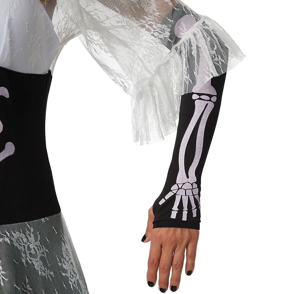 DressForFun : costume de mariée squelette effrayant pour femme – avec col montant en dentelle, bonnets rembourrés et voile – pour Halloween et le carnaval – polyester noir et blanc – taille S