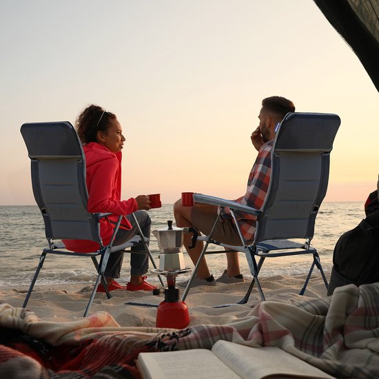 TRVLMORE Chaise de camping - 7 positions - Chaise de camping confortable - Capacité de charge de 120 kg - Position allongée - Chaise pliante - Chaise pliante - Gris