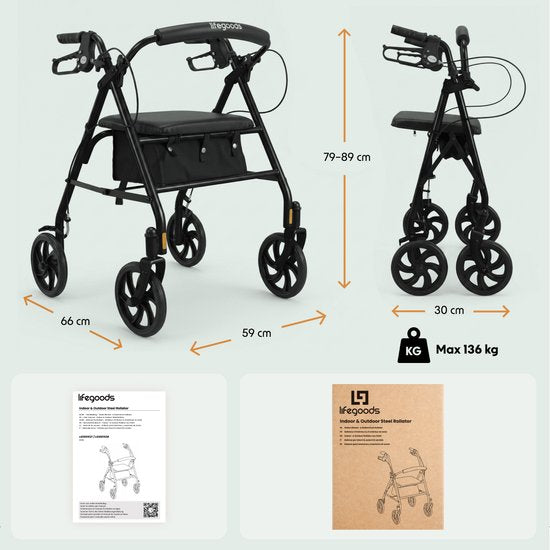 Rollator LifeGoods Basic : léger et pliable (8,7 kg) - Avec siège et dossier – Pour l'intérieur et l'extérieur – Hauteur réglable - Capacité de charge jusqu'à 136 kg – Noir