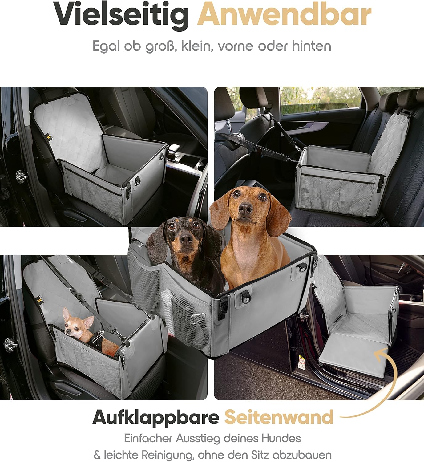HELDENWERK Siège auto pour chien, très robuste, parois renforcées, 5 sangles, siège auto pour chien étanche pour siège arrière et avant, gris, taille standard