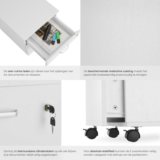 tectake® Meuble à tiroirs - Avec 2 tiroirs verrouillables, roulettes verrouillables - Meuble à roulettes - Organisateur - Parfait pour un lieu de travail organisé - Bureau, bureau d'étude, home office - Blanc