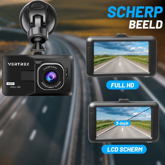 VERTREX Dashcam pour voiture 1080P Full HD - Avant et arrière - Caméras de bord - Vision nocturne - Capteur G - Objectif grand angle 170° - LCD 3.0" - Détection de mouvement - Enregistrement en boucle - Inclus une carte 32GBSD LCD - Détection de mouvement