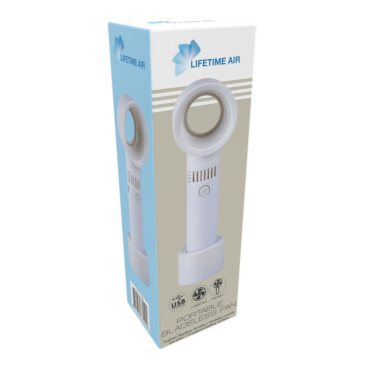Ventilateur portable sans pales Lifetime Fan, blanc, rechargeable par USB – Doté de trois vitesses réglables, d'un design sans pales et d'un fonctionnement silencieux – Idéal pour les voyages et le bureau – Plastique blanc – 22 cm