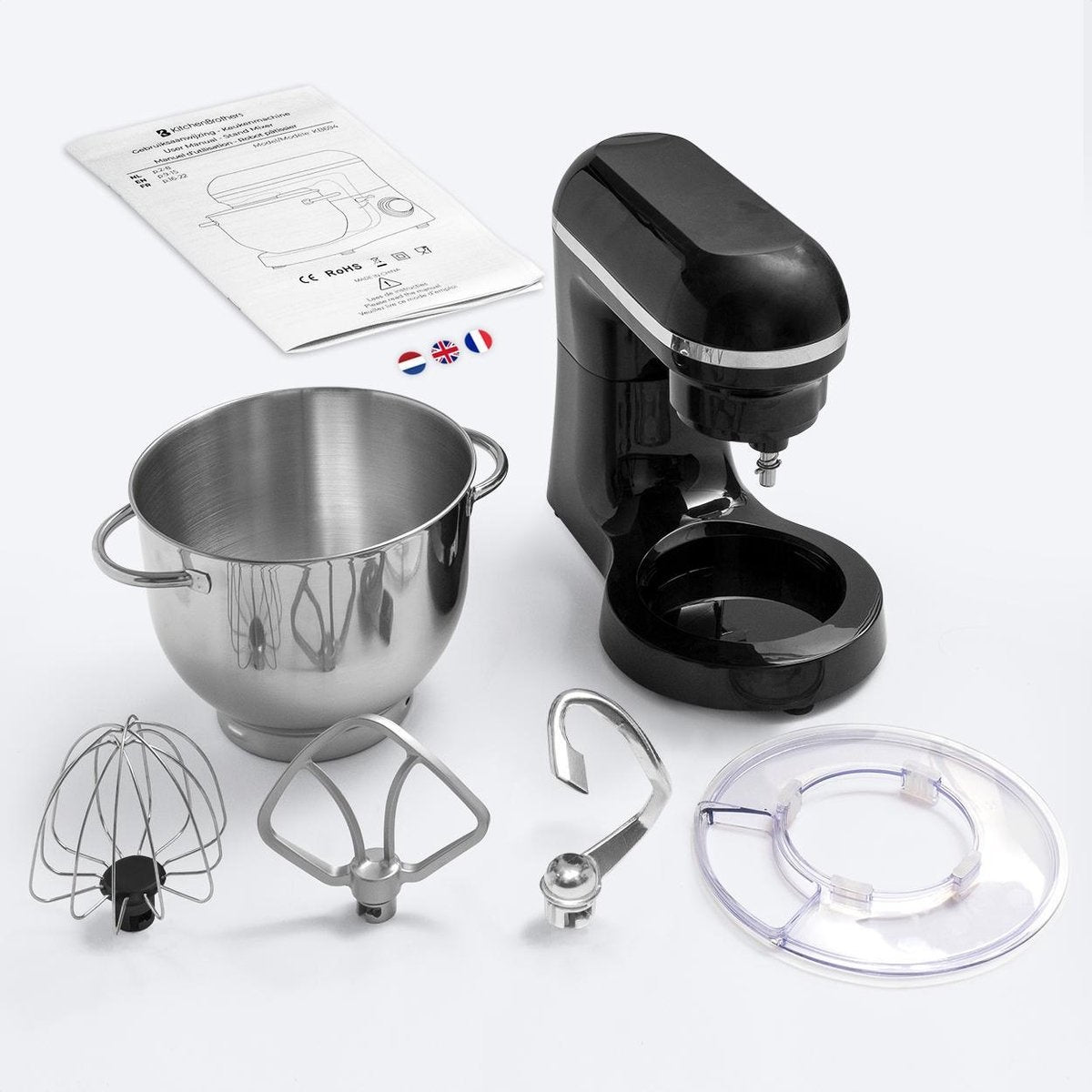 Robot Pâtissier 1400 W avec Bol 6 L en Inox – Noir | KitchenBrothers