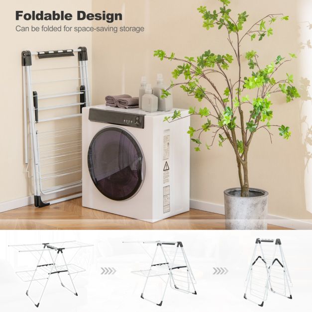 Porte-vêtements pliable avec 2 niveaux Ailes réglables en hauteur 33 rails de séchage et pinces à chaussettes Porte-vêtements autoportant pour l'intérieur et l'extérieur