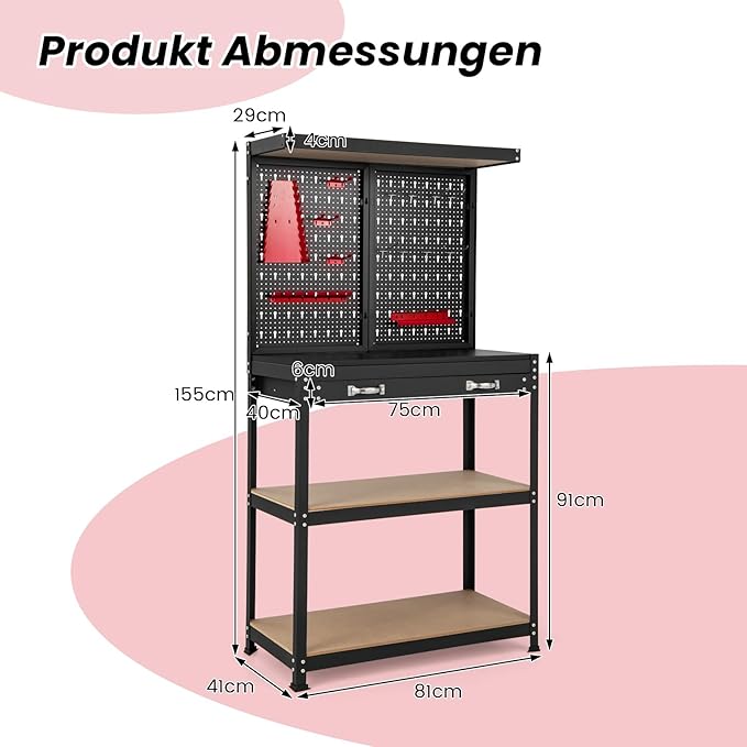 Établi Coast - 81 x 41 x 156 cm - Panneau à outils - Armoire de rangement - Métal - Rouge/Noir