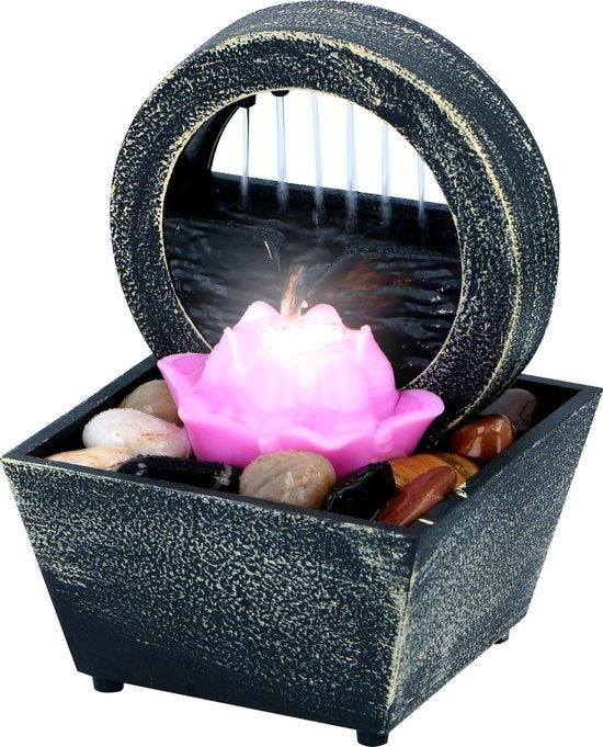 Arti Casa Fontaine de table Fleur de lotus - Ornement d'eau d'intérieur avec lumière LED - Effet positif - Fontaine d'intérieur avec jeu de galets - 11,5 x 17 cm