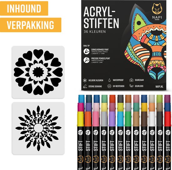 NAPI 36 marqueurs acryliques Dual Tip - Twinmarkers - Marqueurs peinture Happy Stones - Peinture sur pierre avec marqueurs peinture acrylique - Adultes et enfants - 2 modèles de mandala inclus