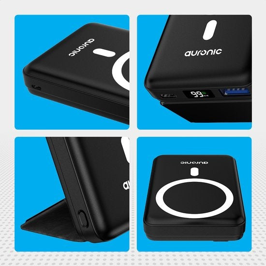 Auronic Powerbank - 10 000 mAh - 22,5W - Chargeur rapide pour iPhone 12/13/14/15 - Chargement magnétique et sans fil - Noir