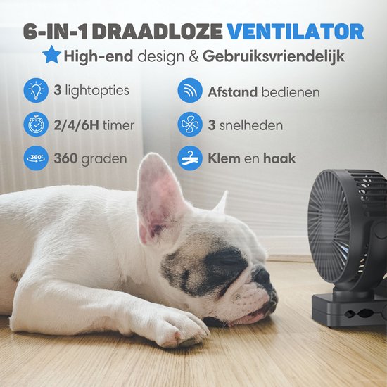Vulpes Goods® Tech - Mini ventilateur USB PRO - Ventilateur de table rechargeable - Mini ventilateur silencieux avec télécommande - Ventilateur de poche - Petit, silencieux et sans bruit - 3 vitesses et éclairage - 12000 mAh et fonction Powerbank - Noir P
