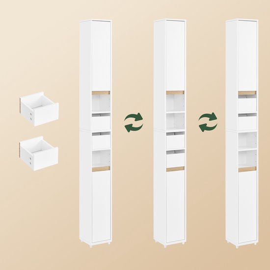 SoBuy BZR151-W Armoire de toilette pour espaces étroits, armoire de rangement compacte avec étagère et tiroir réglables, pour salle de bain, armoire de toilette en bois, blanc, 20 x 20 x 96 cm