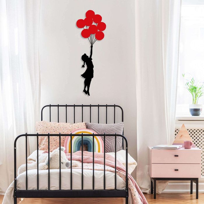 Wallity Wall Banksy - Décoration murale en métal - Fille avec ballons - Rouge/Noir - 34cmx1.5mmx100xcm
