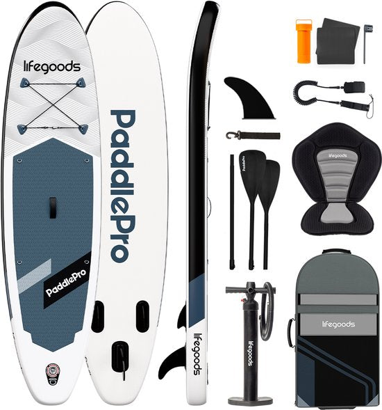 LifeGoods SUP Board All-round Compact - avec siège - capacité de charge de 100 KG - 300 x 76 cm - gonflable - ensemble complet de SUP - noir/blanc