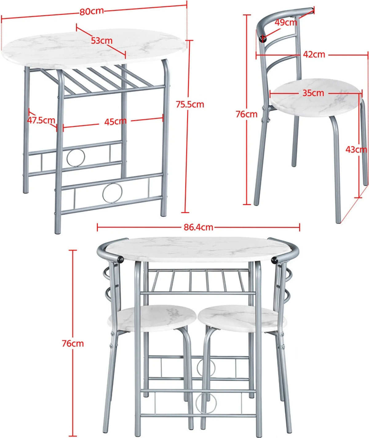 Ensemble de salle à manger 3 pièces avec table et 2 chaises, aspect bois (MDF) et structure métallique blanche, 80 × 53 × 73,5 cm