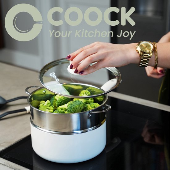 COOCK Batterie de cuisine à induction 19 pièces - Revêtement spécial antiadhésif - Poignées ergonomiques à froid - Aluminium recyclé - Ensemble de poêles à frire - Ensemble de casseroles - Blanc - Sous-verres et livre électronique inclus