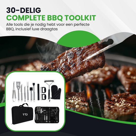 TTD® Premium BBQ Accessories Set 30-piece - BBQ Tool Set Stainless Steel - Barbecue Accessories - BBQ tongs - BBQ spatula - With BBQ Gloves and Cleaning Brush - Includes Storage Bag