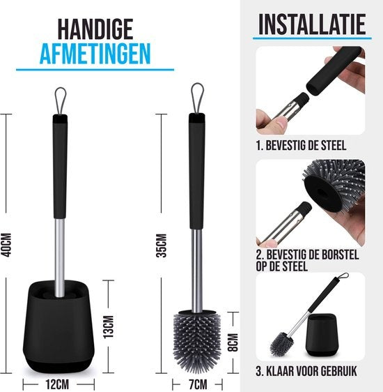 Strex Brosse de Toilette en Silicone avec Support Noir - Séchage Rapide, Hygiénique & Antibactérien - Brosse WC - Porte-Brosse de Toilettes