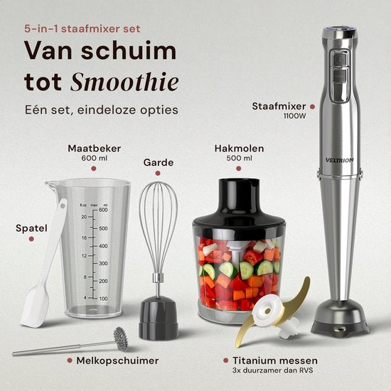 Ensemble mixeur plongeant PRO 6-en-1 - 1 100 W - Lames en titane - Spatule offerte - Fonction turbo - Comprend un hachoir, un fouet, un mousseur à lait et un verre doseur - Sans PFAS