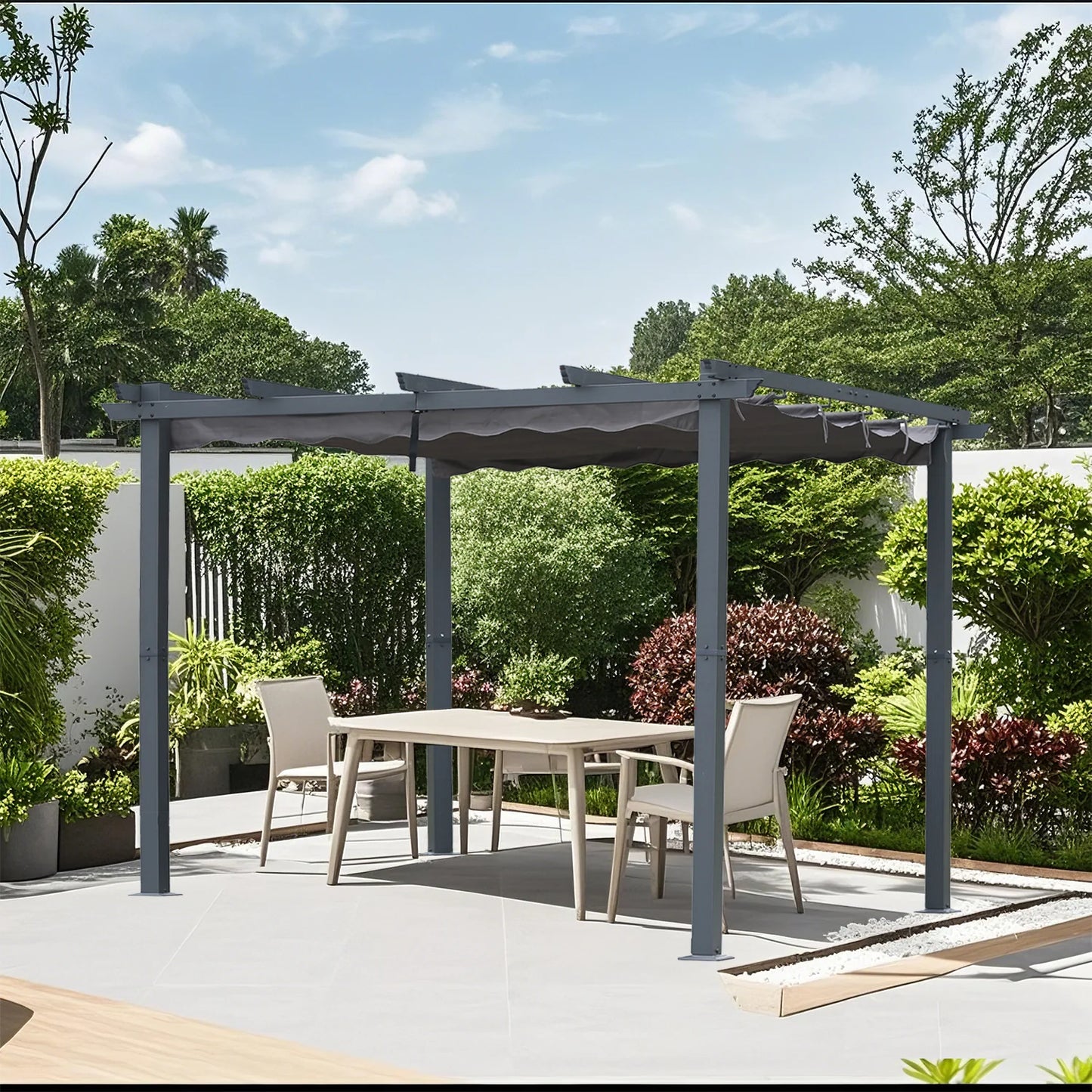 Pergola Angel Living en aluminium 3 × 4 m, beige – Toit en polyester réglable, tubes de toit en acier, revêtement par poudrage