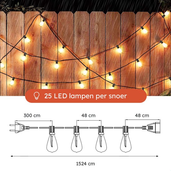 Partizzle 15m LED Guirlande lumineuse Edison - 25 Lampes - Guirlande lumineuse de Noël étanche pour terrasse extérieure et camping - Lumières de Noël / Lumières de jardin - 2700k / Blanc chaud