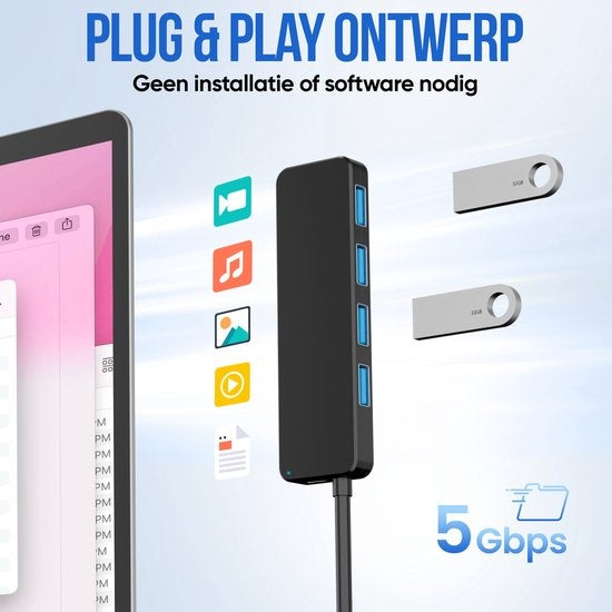 Strex USB 3.0 Hub - Répartiteur USB - 4 ports - 5Gbps - Câble 35CM - Adaptateur USB C inclus