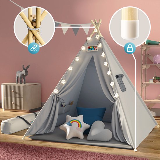 Spielwerk Tente de jeu - LED 3 coussins tendeurs 130x130x160cm - Gris