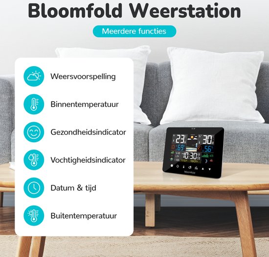 Station météo Bloomfold - Hygromètre - Humidimètre - Thermomètre d'intérieur - Pile incluse - Prévisions météo - Date & Horloge